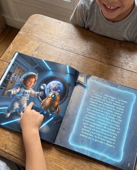 Enfant qui découvre son livre personnalisé Pixly Story