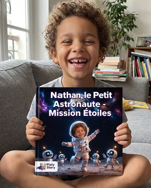 Enfant qui découvre son livre personnalisé Pixly Story