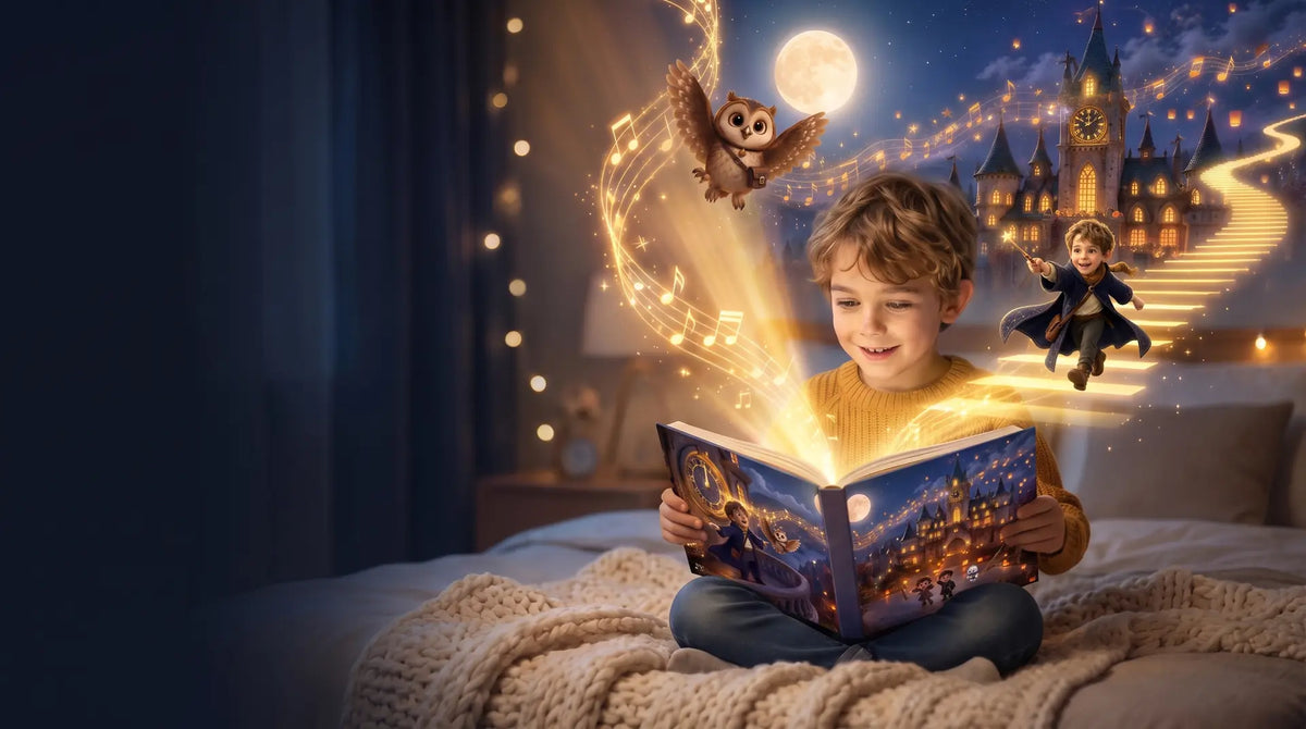 Un enfant ouvre son livre personnalisé et la magie de l'histoire sort des pages