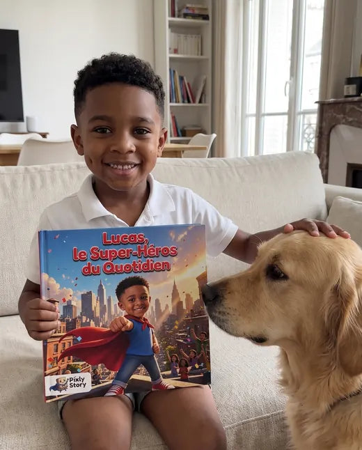 Enfant qui découvre son livre personnalisé Pixly Story